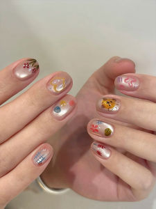 Nghệ Thuật Làm Móng Tay Mùa Hè Dễ Thương Vẽ Sơn Nước Chó Thủy Tinh Hạt Ngắn Thủ Công Móng Giả Đeo Tay Macaron Màu Sắc