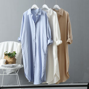 (Ready Stock in Malaysia) Thick Quality 9 Colors With Pockets Korean Style Oversize Cotton Linen Long Shirt for Women Casual Blouse Long Sleeve Tops