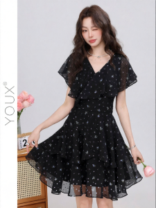 YOUXIANG | Đầm Ôm eo V-neck Hoa Ruffle Màu Đen