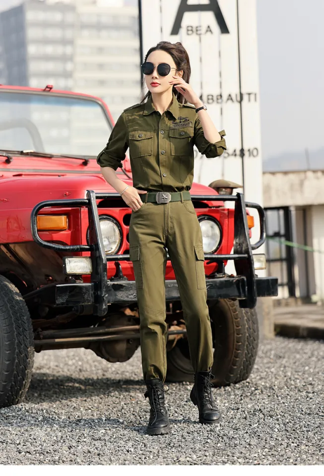 Spring and autumn workwear for women, camouflage clothing, long-sleeved T- shirts, loose slimming tops, short jackets, casual military green jackets