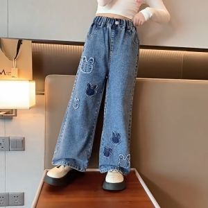 6-13Years Carton Jeans for Kids Girls Wide Leg Pants for Kids Girls High Waisted Loose and Breathable Elastic Waist Versatile Jeans