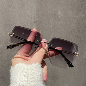 1pcs Womens Rimless Beveled Square Sunglasses Metal Frame Ocean Blue Lenses