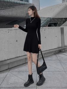 French Style Silm Elegant A- line Knitting Dress Womens Autumn and Winter Half-High Collar inside Matching Overcoat Black Primer Skirt