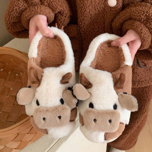 Cow Pattern Plush Slippers Winter Warm Non-slip Cozy Cute Home Slippers for Couples Men