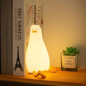 Lying Flat Duck Night Light Silicone Squishy Rechargeable Tap Control 3 Brightness 30 Min Timer Phone Holder for Bedside