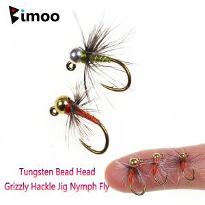 Bimoo 6pcs #12# 14 #16 Tungsten Bead Head Grizzly Hackle Jig Nymph Fly Fast Sinking Barbed Wet Euro Nymph Fly Trout Fishing Lure