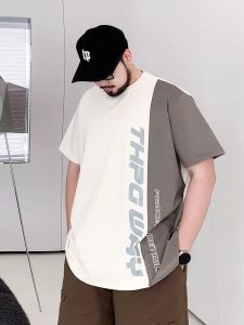 Trendy plus Size Mens Cotton T-Shirt Loose Fit Casual Spliced Large round Neck Short Sleeve Summer Fashion Streetwear