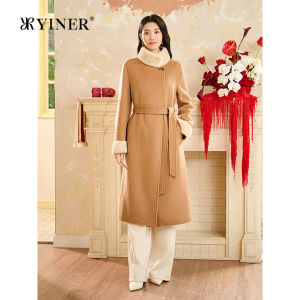 Mink Fur Collar Color Block Wool-Cashmere Blend Coat