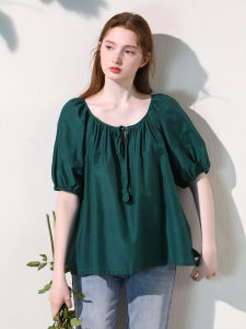 Miccbeirn | Retro Silk Cotton T-Shirt Short Sleeve Loose Fit Youthful Lantern Sleeve Lake Blue Short Style Doll Shirt Commute Simple Style