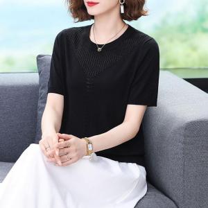 Ice Silk Knitted Top Womens Summer Loose Fit Short Sleeve Thin Style Fashionable Mom Clothes round Neck Pullover Korean Style