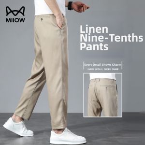 MiiOW | Tencel and Linen Mens Straight Tapered Pants for Summer Business Casual