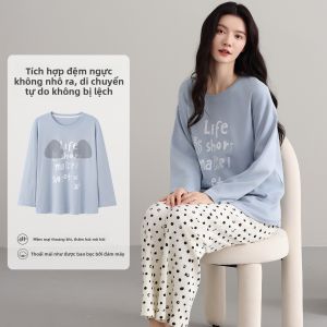 Bộ đồ ngủ nữ MiiOW làm bằng vải cotton dài tay cổ tròn in hoạt hình thoải mái