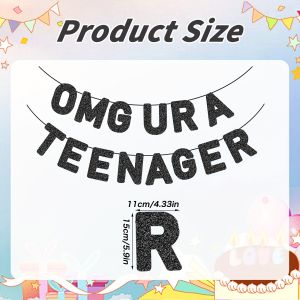 OMG U RA TEENAGER Black Glitter Banner Funny 13th Birthday Bunting Teenager Birthday Party Decoration