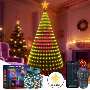 Đèn Giáng Sinh Thông Minh 400 Đèn LED Tự Điều Chỉnh Màu Sắc Đèn Dây Với Đầu Sao Đồng Bộ Nhạc Trang Trí Hoạt Hình Cho Cây Thông Noel