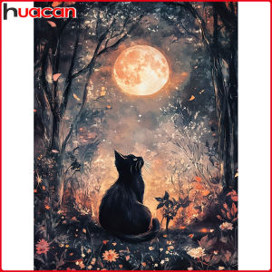 Huacan Full Square Round Drill Diamond Painting Cat Moon Diamond Mosaic Animal Landsacape Complete Kit Decorative Paintings