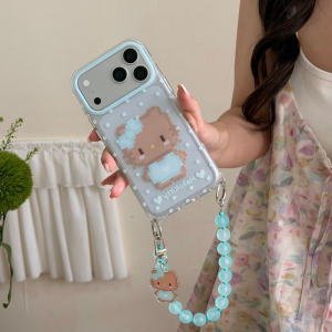 Sanrio | Ins Cute Pixel Hello Kitty Polka Dot Phone Case With Blue Bead Wrist Strap Pendant Shockproof Cover For iPhone 16 15 17 Pro Max