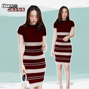 baju dress rajut salur bodycon knit wanita slim-fitting casual lembut