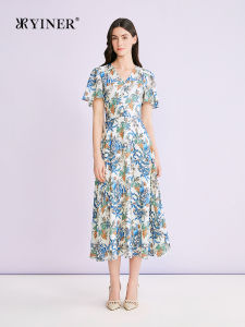 YINER | Elegant V-Neck Print Dress