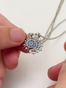 Bộ Trang Sức Mặt Dây Chuyền Mặt Trời Mặt Trăng Đôi Kèm Nhẫn Mở Chi Tiết Kim Cương Cổ Điển Chất Liệu Thép Không Gỉ Thời Trang Dành Cho Nữ