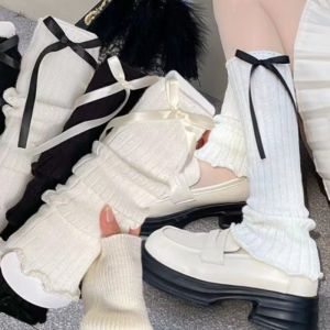 Y2K Ribbon Knitted Women Leg Warmers Autumn Winter JK Lolita Black White Knee Warmers Long Socks Girls Arm Cover