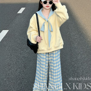 Girls Lazy Style Sweatshirt Set Autumn Plaid Wide Leg Pants Two Piece Suit Childrens Clothing Korean Version Outfit for Kids