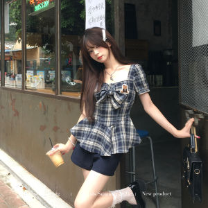 Square Neck Plaid Summer Shirt Set