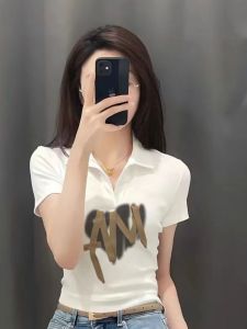 Summer Short Sleeve Polo Neck T-Shirt Womens Fashion Slim Fit Casual Versatile Hot Girl Top Stylish Commute Pure Color Thread