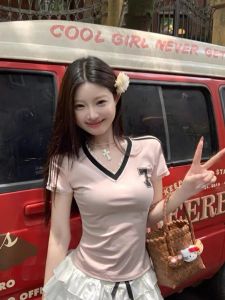 Áo Thun Cotton Cổ Chữ V Tay Ngắn in Họa Tiết Mùa Hè Cho Nữ Áo Bóng Chày Ôm Vừa Vặn Áo Thun Ren Áo Thun Thể Thao