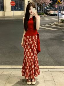 LIRUSHAN | Artistic Students Bright Wear Red Dress Ensemble Unique Beautiful Plaid Maxi Dress