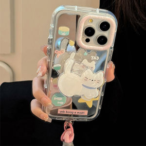 RouJiang Mirror Phone Case For Samsung S24 Ultra S23FE S23 Ultra A55 A54 A51 A32 A35 A34 A25 A24 A15 A14 A13 A12 A10S A05S A03 A02S 4G 5G Cartoon Cute Cat With Bracket Chain 2024 New Clear Minimalist Advanced Mirror Phone Case Silicone Protective Cover
