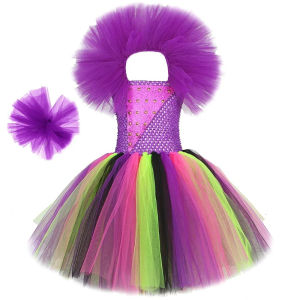 Girls Purple Multi-Layer Fluffy Tulle Tutu Maxi Dress Dark-Style Kids Performance Outfit for Halloween Parties and Birthday