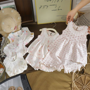 Baby Girls Casual Clothing Set Peter Pan Collar Sleeveless Dress Top + Shorts Set with Skirt 2PCS Set