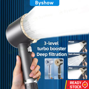 Byshow 3 Mode Filtered booster ABS shower powerful High Pressure Showerhead Set Dual turbo booster big hand shower head Handheld rain shower bathing Bathroom Accessories shawer head set water heater kepala air hujan bilik mandi 花洒喷头