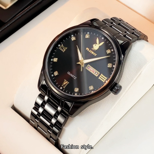 PLAYBOY นาฬิกา ผู้ชาย เรืองแสง  ปฏิทินคู่  กันน้ำ หน้าปัดใหญ่ หน้าปัดเพชร คุณภาพสูง สายสแตนเลส