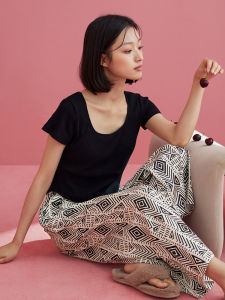 Pajamas with Chest Pad Integrated Summer Womens Pure Cotton Short-Sleeved and Trousers Fashion Retro Fancy Black Homewear Suit