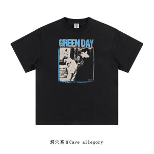 Cave Fable American Retro Green Day Punk Rock Band Pure Cotton Printed Short Sleeve T-Shirt Men Casual Loose Fit round Neck
