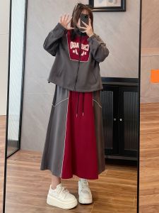 Loose Womens Jacket High Waist Skirt Set plus Size Autumn Fashion Two-Piece Suit Comfortable Cotton Zipper Closure Long Sleeve