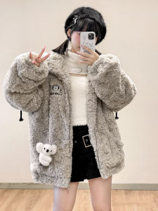 Cute Thickened Hooded Lamb Wool Jacket Womens Loose Fit Spring Autumn New Style Plush Cotton Coat Sweet Style Long Sleeve Zipper Closure