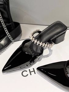 French Elegant Summer Thick Heel Diamond Pointed Toe Slippers Outdoor Wearable Half Slippers Fashionable Street Style Slip-On Shoes