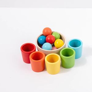 การจดจําสี Montessori Rainbow Ball ลูกบอลไม้ 10 สี และถ้วยสี สีรุ้ง ขนาดใหญ่ 25 มม.