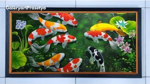 Hiasan Dinding Plus Bingkai Uk:100cm x 50cm Lukisan Cetak Ikan Koi