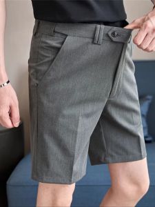 Summer Mens Slim Fit Casual Shorts Elastic Waist Pure Color Trendy Five-Quarter Length Straight Leg Polyester Blend Shorts