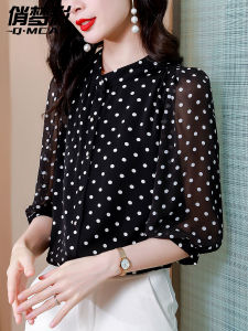 Polka Dot Chiffon Shirt Women Summer Thin Loose Fashion Youthful Blouse Middle Age Mommy Wear Belly Covering Small Top