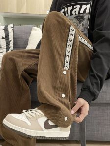 กางเกงลำลองผู้ชายผ้าคอร์ดูรอยย้อนยุคสไตล์อเมริกันหลวมๆ กางเกงขายาวลำลอง ขาบาน กางเกงวอร์ม สายรัด แฟชั่นสตรีท