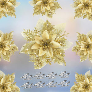 2/5Pcs Glitter ประดิษฐ์ดอกไม้ตกแต่งคริสต์มาส 14 ซม.ตกแต่งต้นคริสต์มาสสวัสดีปีใหม่เครื่องประดับ Xmas ดอกไม้ปลอมของขวัญ