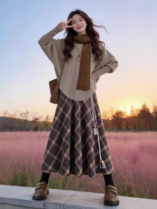 XUECAIQI | Spring Outfit Set Café Knit Sweater High-waist Check Skirt