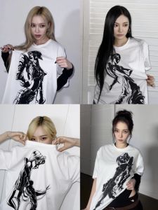 Uin Gao Ding Aespa Ning Yizhuo Jin Yuting Same Style Cartoon Anime Print Loose Cotton Crew Neck Short Sleeve T-shirt