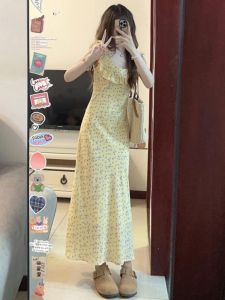 CHANGTONG | French Style Floral Print Sling Dress Tea Break Waist Cinched Long Skirt Elegant Pure Desire Spring Summer Season Women Dress