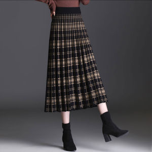 Knitting Skirt Womens Winter with Sweater Woolen Dress Mid Length Long Length Big Hem A- line Skirt Thick Wool Plaid Long Dress