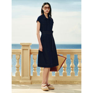 Insun Summer Workwear Style Shoulder Drop Shirt Collar Denim Dress A-Line Skirt Short Sleeve Mid-Length Pure Color Commute